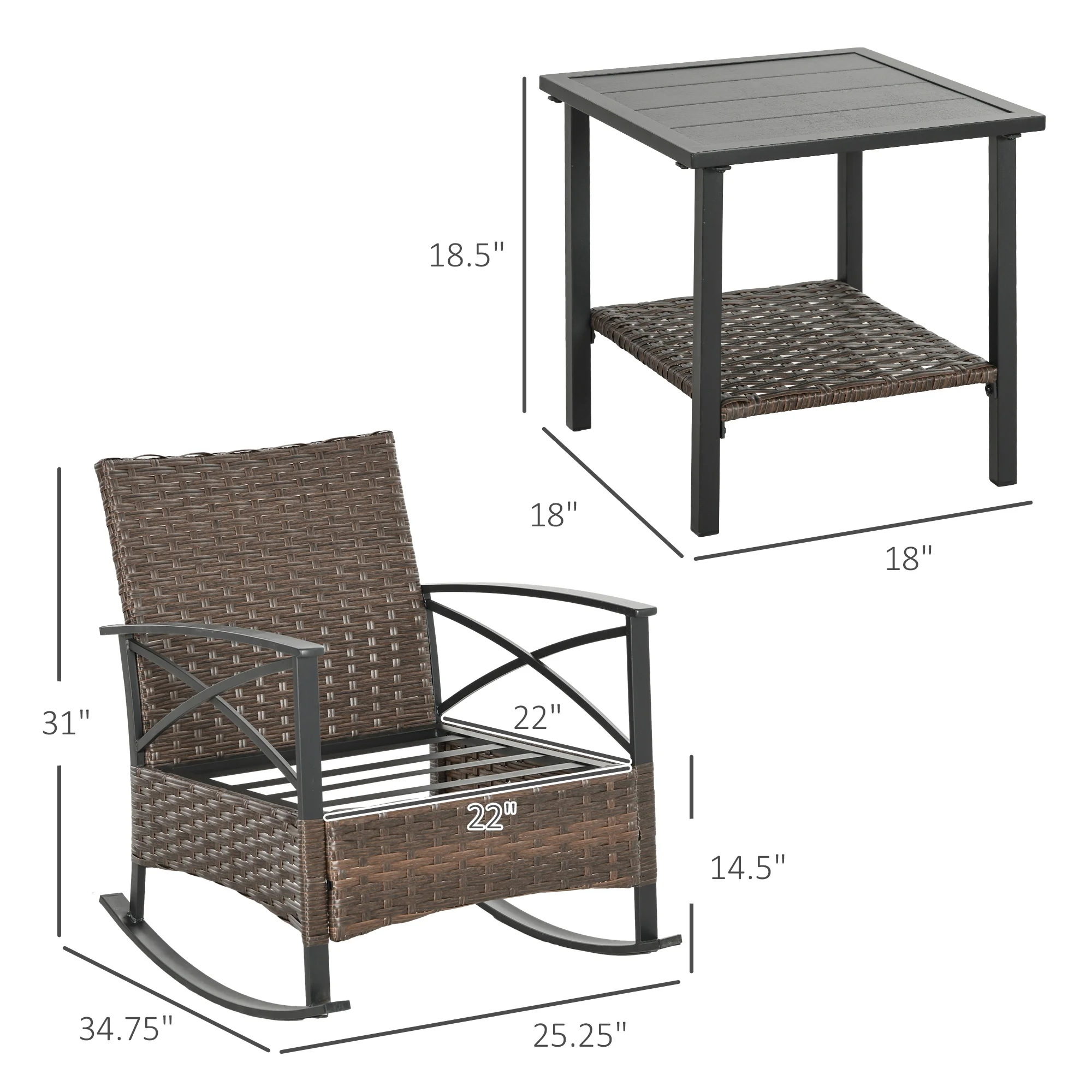 Outsunny 3pc Rocking Chair Set w/ Cushions, Wicker Bistro Set, Dark Blue - Image 7