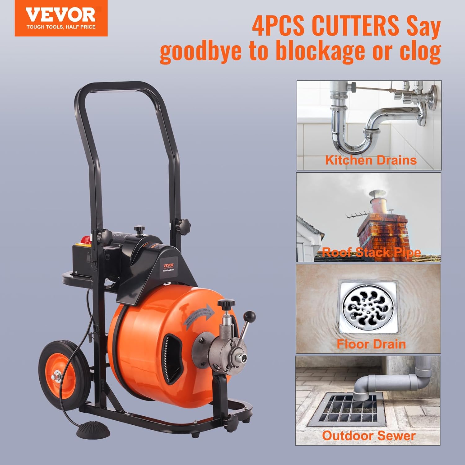 Drain Cleaner Machine 100FT x 1/2Inch, Auto Feed Sewer Snake Auger with 4 Cutter & Air-activated Foot Switch for 1 to 4 Pipes, Orange, Black - Image 2