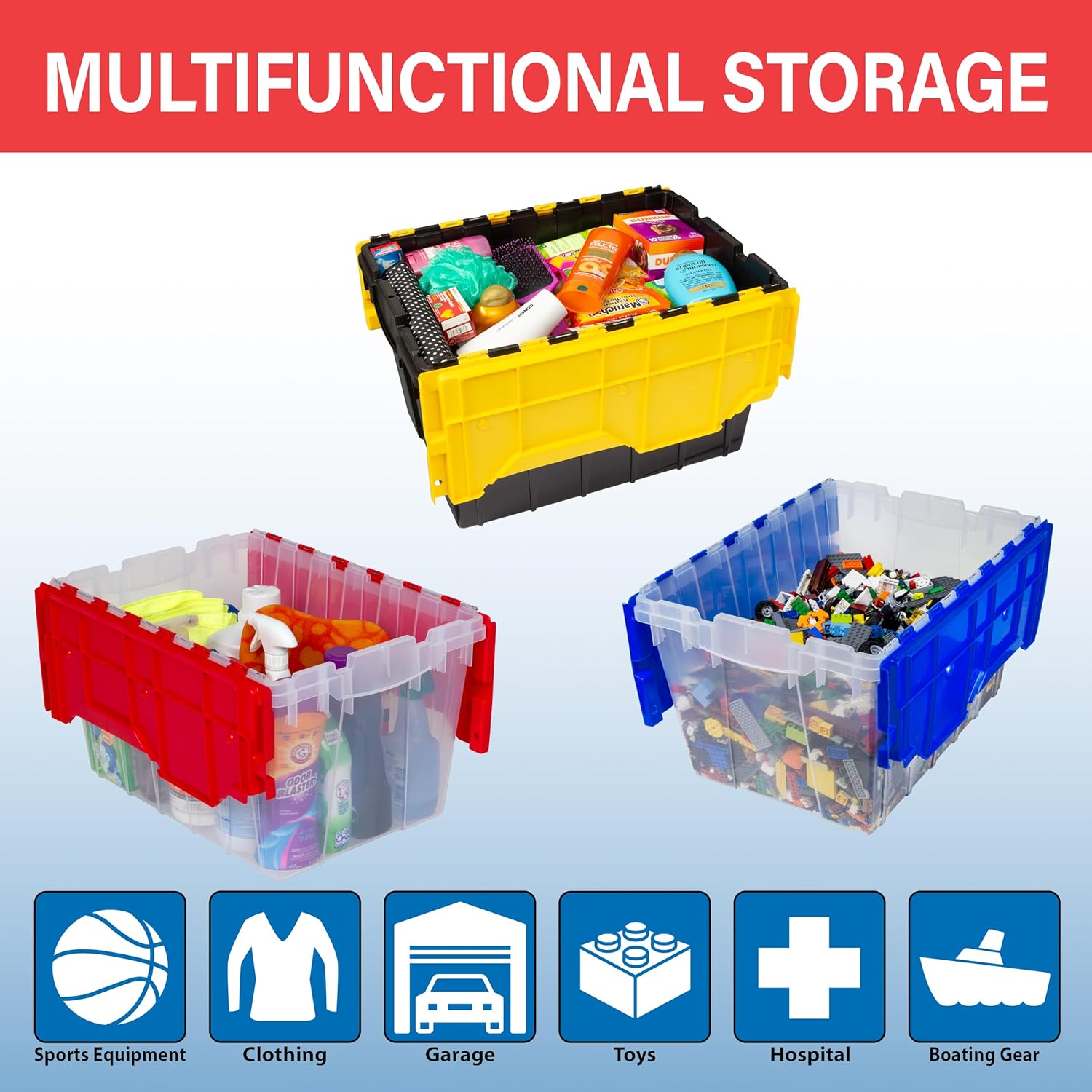 Akro-Mils KeepBox 12 Gallon Storage Container, Nesting and Stackable Plastic Storage Box with Lid Attached, Clear Tote for Garages, Closets, and Moving, 21-1/2 x 15 x 12-1/2, Clear/Blue, 6-Pack - Image 6