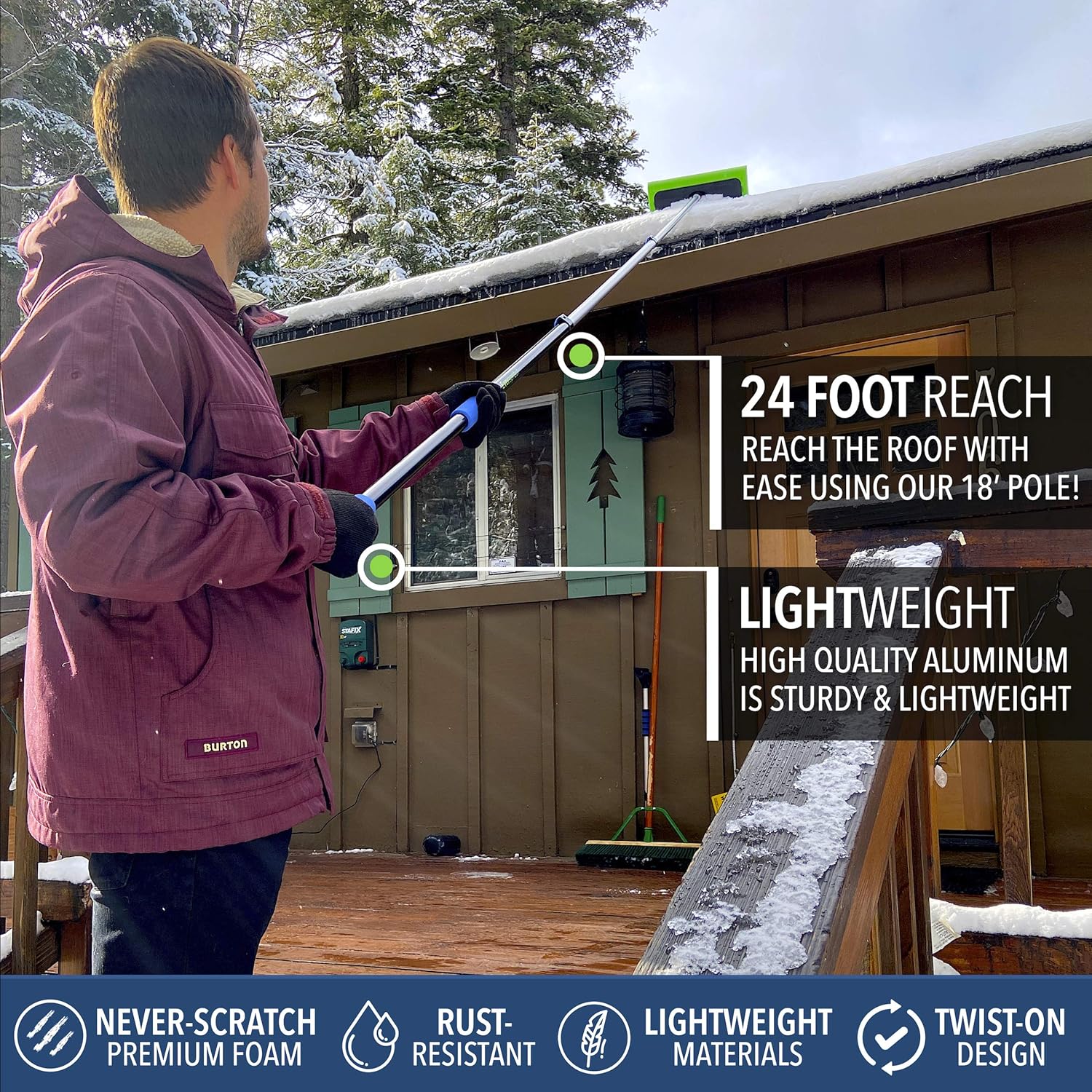 EVERSPROUT Never-Scratch SnowBuster 7-to-24 Foot (Up to 30 Ft Standing Reach) | Pre-Assembled Extendable Roof Rake for Snow Removal | Heavy-Duty Aluminum, Soft Foam Pad | Exclusive Push/Pull Design - Image 9