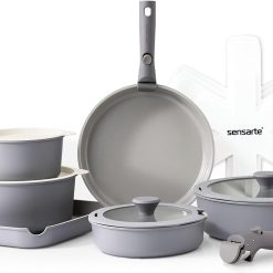 SENSARTE 17 Piece Ceramic Pots and Pans Set, Nonstick Detachable Handle Cookware, Induction Kitchen Cookware Set with Removable Handle, Dishwasher ?? Oven Safe (Gray)