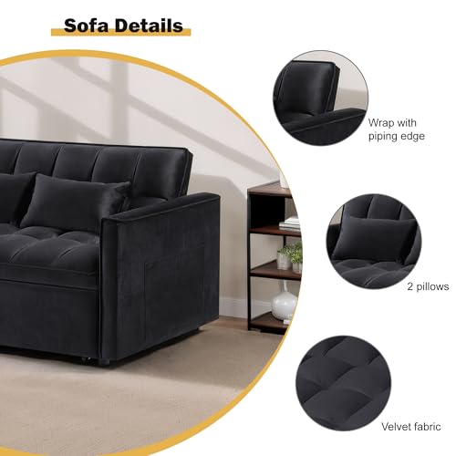 3 in 1 Sleeper Sofa Bed, Futon Sofa Bed for Living Room with Side Pocket, Black Sleepers Sofa Couch with Pullout Bed, Convertible Love Seat Sleepers Bed for Living Room, Bedroom, Small Space - Image 11