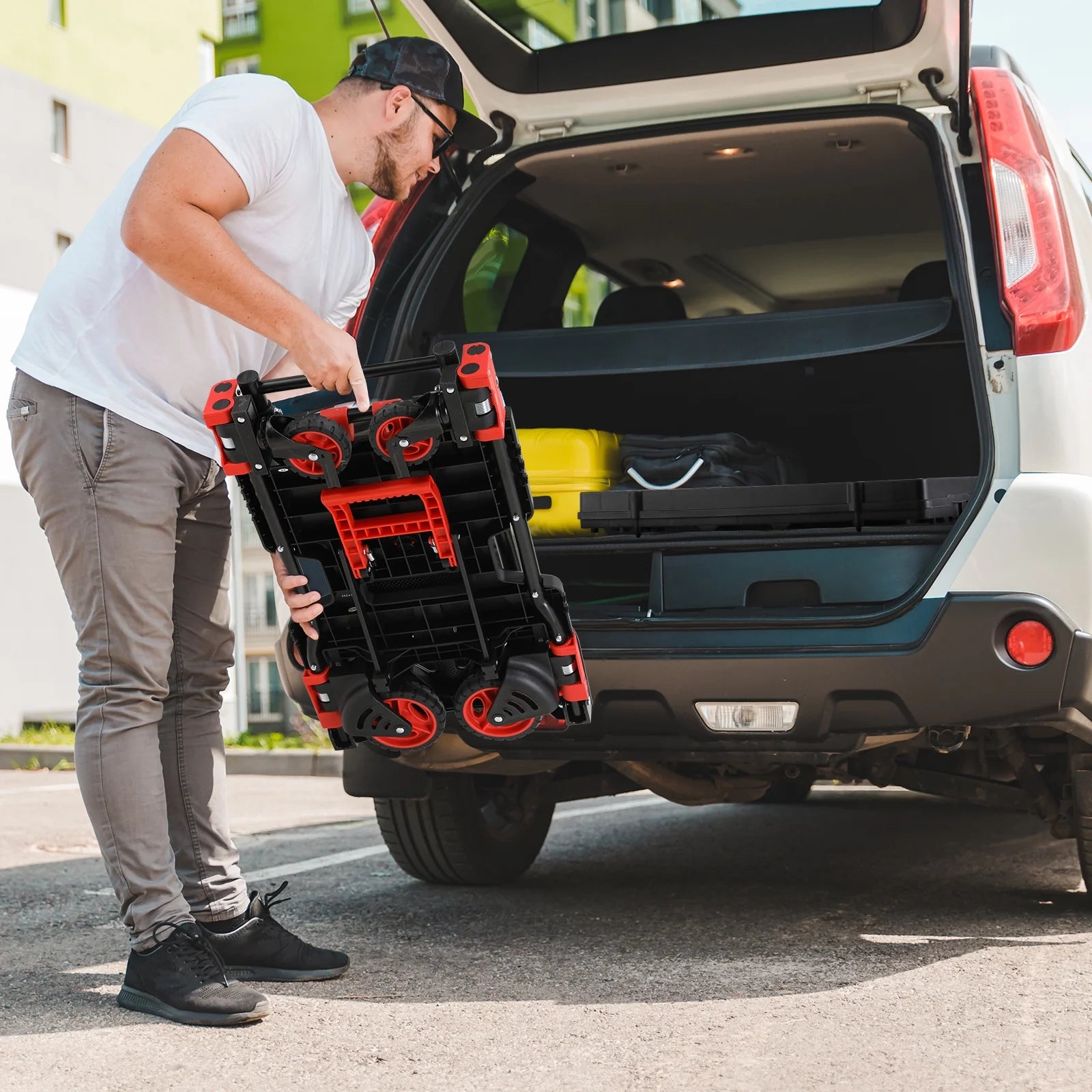 LAZY BUDDY Folding Hand Truck Dolly, 2-in-1 Heavy-duty Platform Cart with 22 Folding Basket, Collapsible Utility Luggage Dolly Cart, Red, 330LBS - Image 6