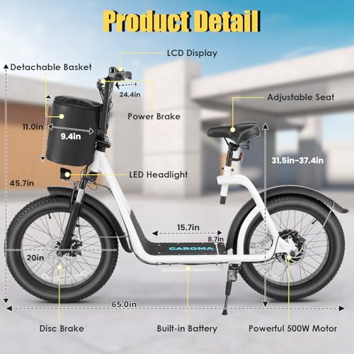 Caroma Peak 800w Electric Scooter Adults 20X3 Fat Tire, 20 MPH Top Speed & 30 Miles Range, Off-Road E Scooter w/Adjustable Seat & Detachable Basket, Foldable Ebike w/Shock Absorption for Commuting - Image 20