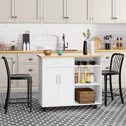 Alternative view of Shintenchi Kitchen Island Cart with Storage,Rolling Side Table on Wheels with Large Worktop, Cabinet,Towel Rack and Drawers for Kitchen,Dinning Room, White