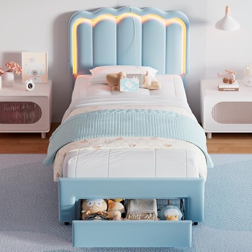 Twin Upholstered LED Bed Frame with Storage Drawer and Adjustable Chic Double Wavy Headboard, Velvet Princess Platform Bed for Kids/Girls, Solid Wood Slats Support, No Box Spring Needed, Beige - Image 48