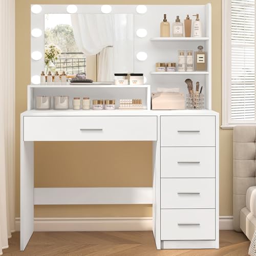 Makeup Vanity Desk with Mirror, 10 Lights, 5 Drawers, 3 Storage Shelves, 3 Color Modes & Adjustable Brightness Dressing Table, 35.4?? Desk, Black - Image 12