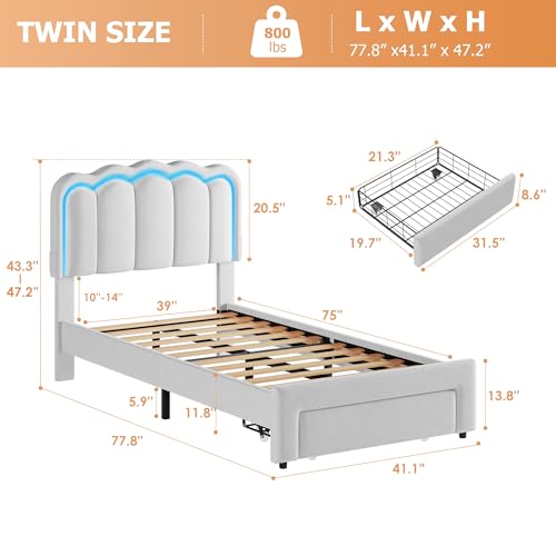 Twin Upholstered LED Bed Frame with Storage Drawer and Adjustable Chic Double Wavy Headboard, Velvet Princess Platform Bed for Kids/Girls, Solid Wood Slats Support, No Box Spring Needed, Beige - Image 62