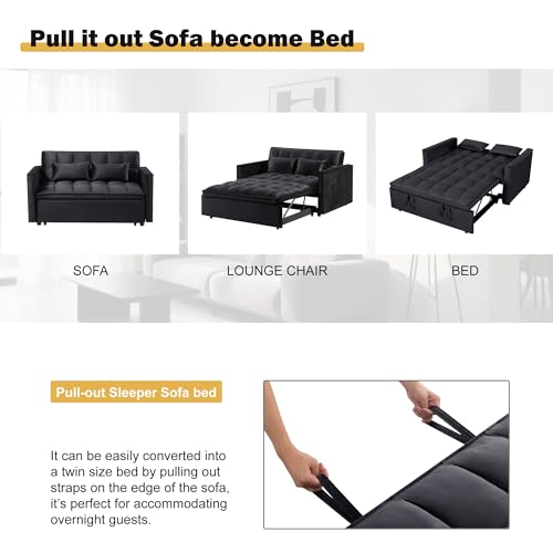 3 in 1 Sleeper Sofa Bed, Futon Sofa Bed for Living Room with Side Pocket, Black Sleepers Sofa Couch with Pullout Bed, Convertible Love Seat Sleepers Bed for Living Room, Bedroom, Small Space - Image 16