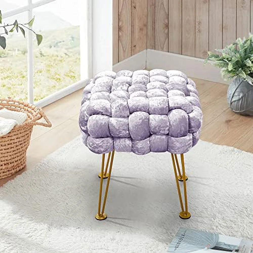 Retro Green Soft Upholstered Ottoman Entryway Bench Seat 16x16x16 Sturdy Accent Coffee Table for Living Room Make Up Vanity Fluffy Shoe Stool with Golden Legs for Bedroom C - Image 3