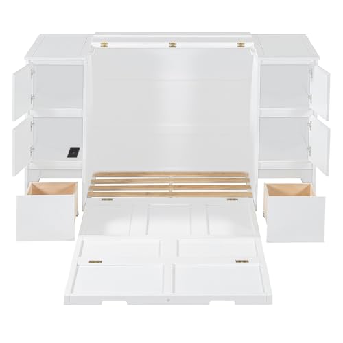 Twin Size Murphy Beds with Charging Station and Storage Drawers, Wood Cabinet Bed Frame, Wall Bed with Outlet & USB Ports for Home Office Studio, White - Image 14