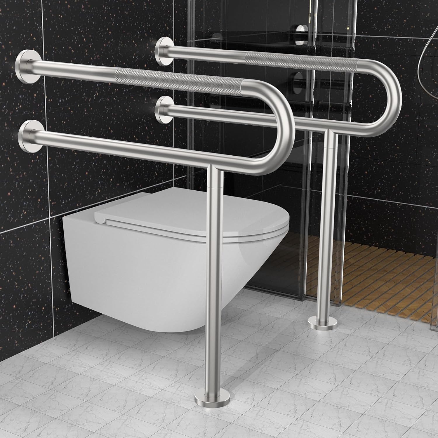 Toilet Support Rail 31.3X 31.5 Inch, Munzong Anti-Slip Satin Brushed Nickel Handicap Grab Bar for Bathroom, Stainless Steel Knurled Safety handrails with Leg for Elderly Disabled Pregnant-1.25??Tube - Image 3
