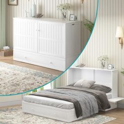 BALUS Murphy Bed Cabinet,Queen Murphy Bed with Tri-fold Mattress & USB Charging Station,Modern Wall Chest Beds with Folding Night Stand Trays and Storage Drawers for Bedroom Living Room,Grey-Blue