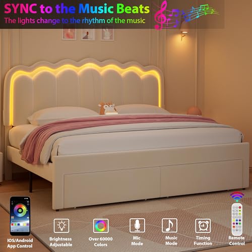 Twin Upholstered LED Bed Frame with Storage Drawer and Adjustable Chic Double Wavy Headboard, Velvet Princess Platform Bed for Kids/Girls, Solid Wood Slats Support, No Box Spring Needed, Beige - Image 82