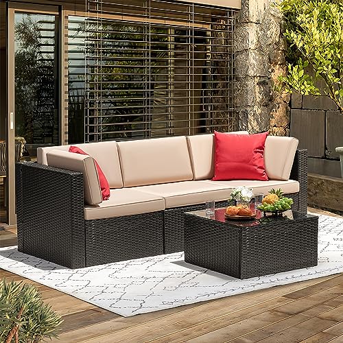 Devoko Patio Furniture Sets 6 Pieces Outdoor Sectional Rattan Sofa Manual Weaving Wicker Patio Conversation Set with Glass Table and Cushion (Beige) - Image 3