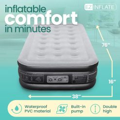 Alternative view of EZ Inflate Air Mattress with Built in Pump – Twin Size Double-High Inflatable Mattress with Flocked Top – Easy Inflate, Waterproof, Portable Blow Up Bed for Camping & Travel