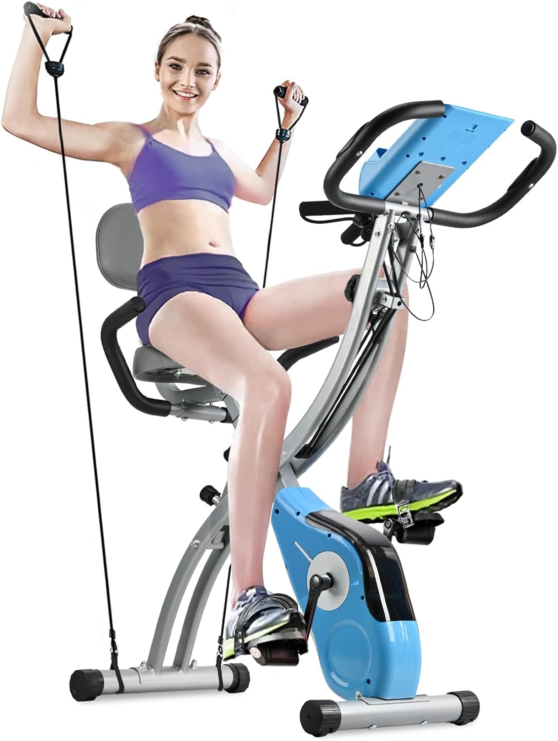 SALEMFIT Folding Stationary Bike, Magnetic Upright Bike Indoor Workout Exercise Cycle Bike with Front & Back Arm Resistance Bands LCD Monitor Pulse Sensor Phone Holder Backrest, For ?Home Workout Total Body Gym