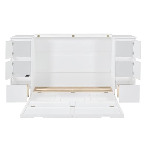 Twin Size Murphy Beds with Charging Station and Storage Drawers, Wood Cabinet Bed Frame, Wall Bed with Outlet & USB Ports for Home Office Studio, White - Image 21