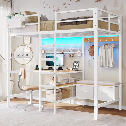 DICTAC Twin Loft Bed with L-Shaped Desk,Storage Shelves and Charging Station Metal Loft Bed Twin Size with LED Lights,Coat Rack with Drawers and Stair,Top Bunk with Safety Guardrail for Teen,Black - Image 3
