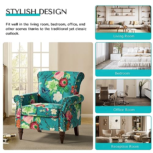 HULALA HOME Modern Wingback Accent Chair with Wood Legs & Removable Cushion, Comfy Upholstered Armchair with Nailhead Trim, Floral Pattern Single Sofa Chair for Living Room Bedroom, Blue - Image 28