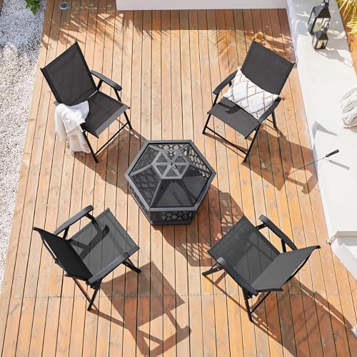 Yaheetech Patio Dining Chairs Set of 4 with Armrests, Outdoor Folding Chairs with Metal Frame and Backrest for Lawn, Garden, Yard and Poolside, Black - Image 2