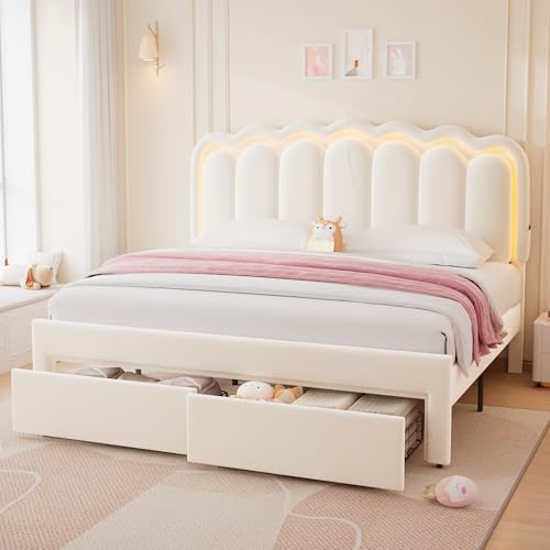 Twin Upholstered LED Bed Frame with Storage Drawer and Adjustable Chic Double Wavy Headboard, Velvet Princess Platform Bed for Kids/Girls, Solid Wood Slats Support, No Box Spring Needed, Beige - Image 78