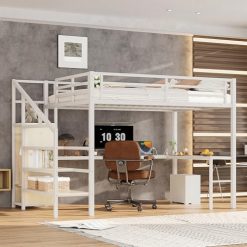 SOFTSEA Queen Size Metal Loft Bed with L-Shaped Desk and Wardrobe, Metal Bed Frame with USB and Adjustable Shelf, High Loft Bed with LED for Bedroom, No Box Spring Needed, White Wood Grain