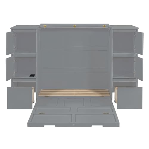 Twin Size Murphy Beds with Charging Station and Storage Drawers, Wood Cabinet Bed Frame, Wall Bed with Outlet & USB Ports for Home Office Studio, White - Image 29