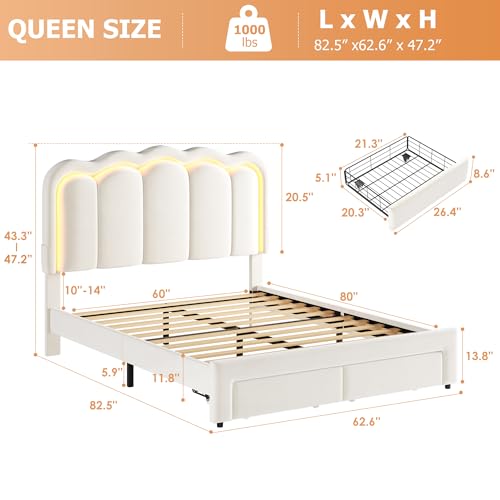 Twin Upholstered LED Bed Frame with Storage Drawer and Adjustable Chic Double Wavy Headboard, Velvet Princess Platform Bed for Kids/Girls, Solid Wood Slats Support, No Box Spring Needed, Beige - Image 77