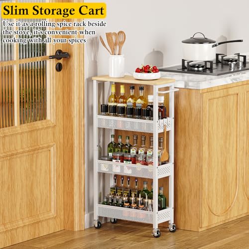 Utility Slim Storage Cart, 4 Tier Small Rolling Kitchen Laundry Room Cart with Wood Top, Metal Narrow Bathroom Storage Cabinet Mobile Shelf Unit Organizer Trolley with Handle for Narrow Space - Image 8