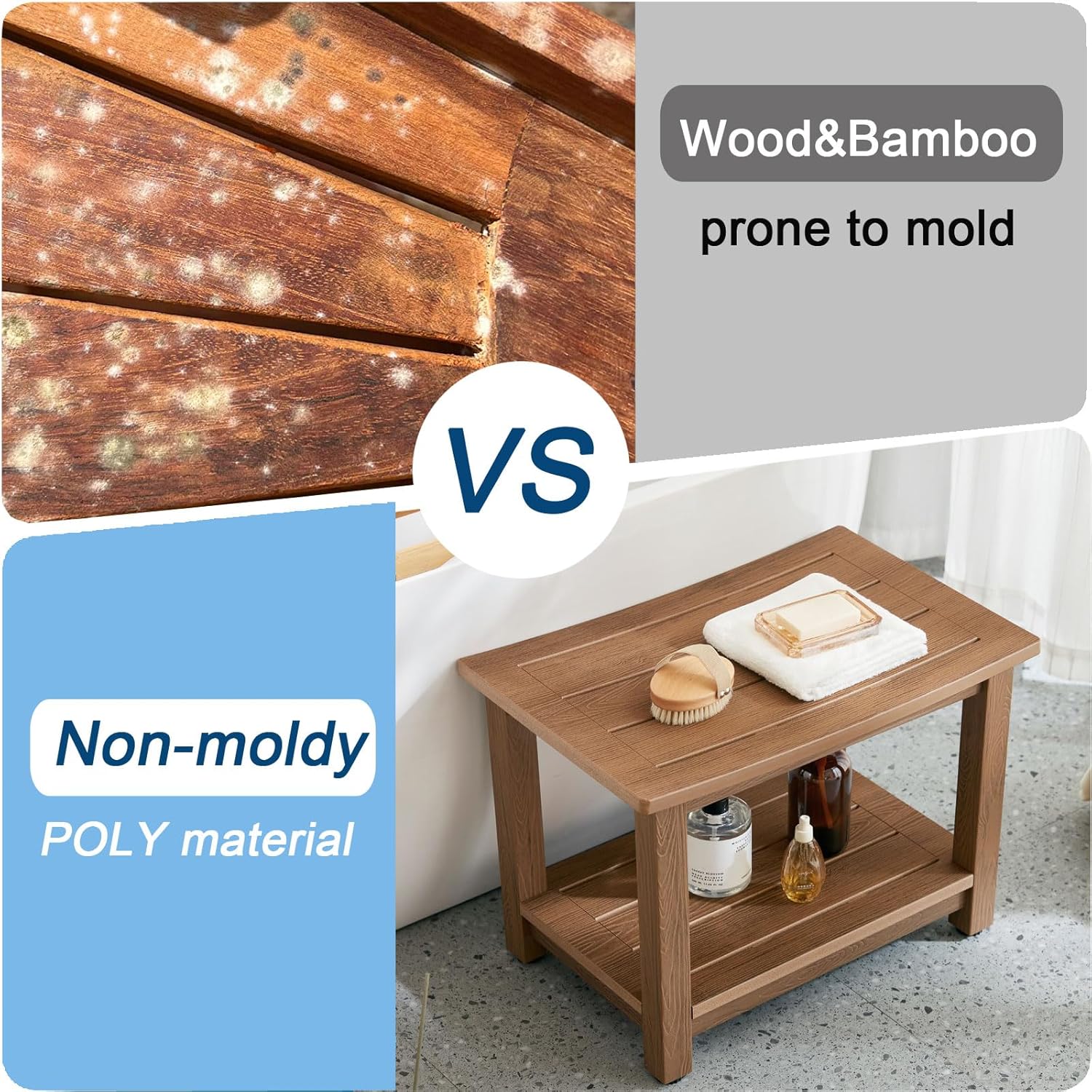 HDPS Shower Bench Seat, Poly Lumber Bathroom Stool for Inside Shower Waterproof, Foot Rest Stool for Shaving Legs with Adjustable Feet, Plastic Spa Bath Chair Seat for Bathroom, Non-Slip, Brown - Image 17