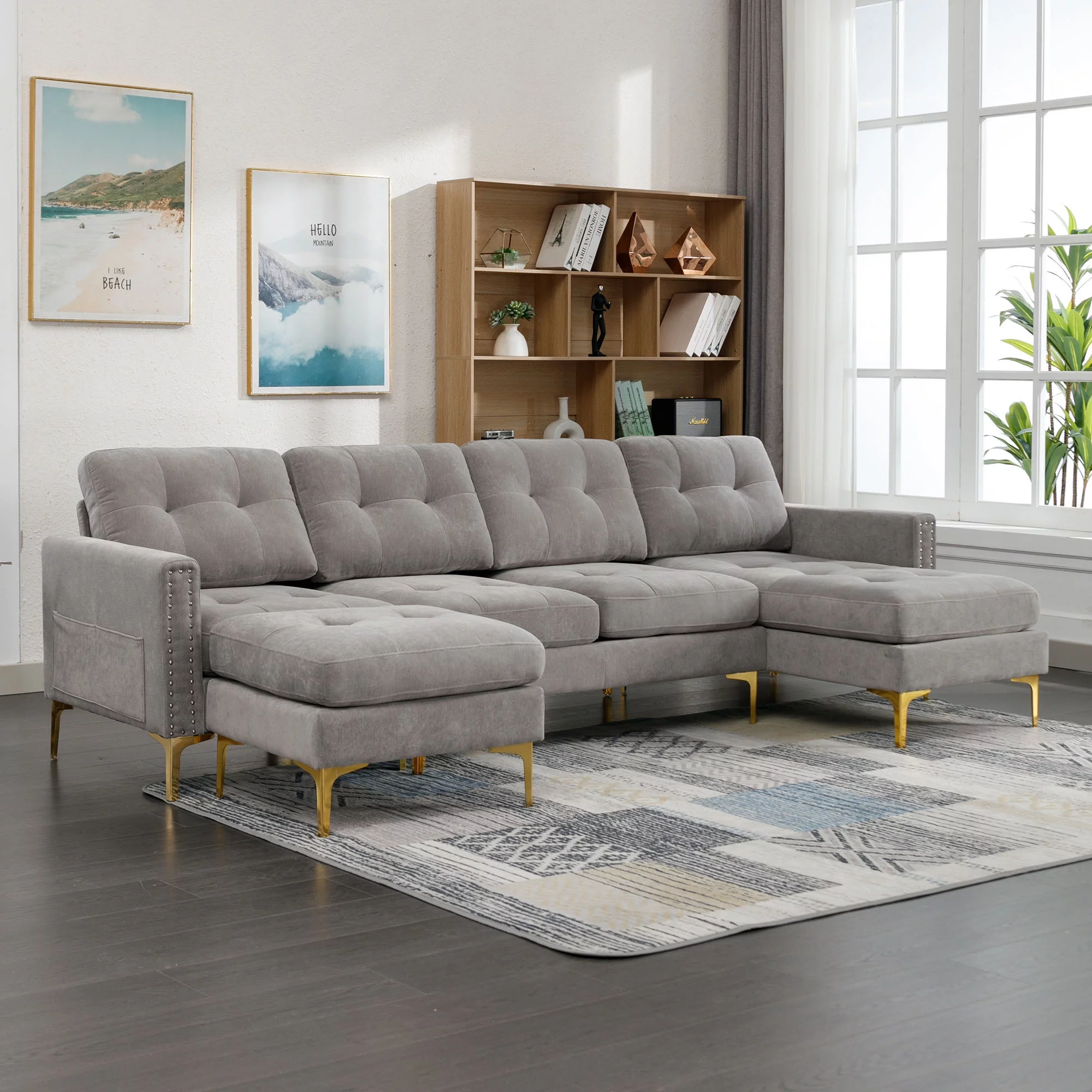 Soges U-Shaped Sectional Sofa with Ottoman, Convertible Couch for Living Room, 5 Seater Sofa, Gray, 110×54