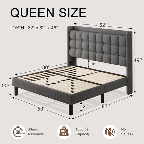 Queen Bed Frame, Upholstered Platform Bed with Charging Station, Modern Wingback Storage Headboard, Solid Wood Slats Support, No Box Spring Needed, Dark Gray - Image 9
