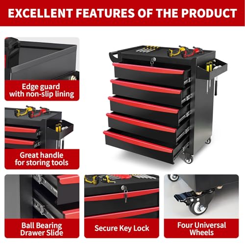 Rolling Tool Chest, Metal Tool Box with 5 Drawers, Lockable Garage Storage Cabinets Sliding Tool Drawer Cart on Wheels Toolbox Organization Workbench for Workshop Warehouse Repair Shop - Image 14