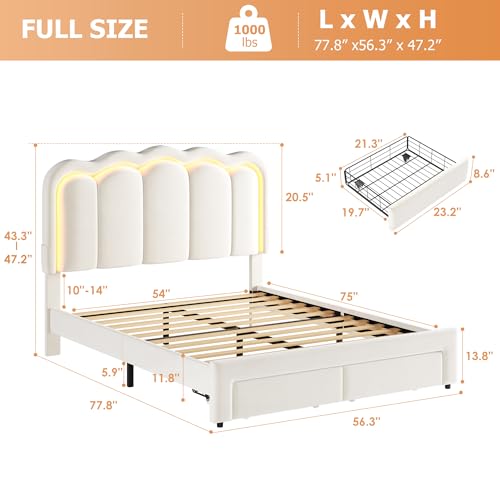 Twin Upholstered LED Bed Frame with Storage Drawer and Adjustable Chic Double Wavy Headboard, Velvet Princess Platform Bed for Kids/Girls, Solid Wood Slats Support, No Box Spring Needed, Beige - Image 2