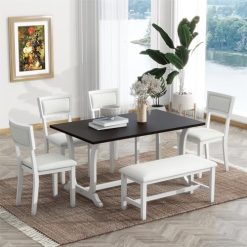 Wood Dining Table Set for 6 with 4 Upholstered Chair & 1 Bench, Mid-Century Modern Dining Room Table Set with Chairs Dinner Table Set for Dining Room, Kitchen, Natural