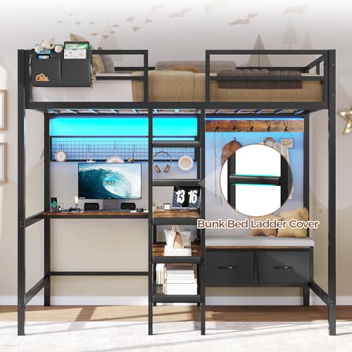 DICTAC Twin Loft Bed with L-Shaped Desk,Storage Shelves and Charging Station Metal Loft Bed Twin Size with LED Lights,Coat Rack with Drawers and Stair,Top Bunk with Safety Guardrail for Teen,Black - Image 4
