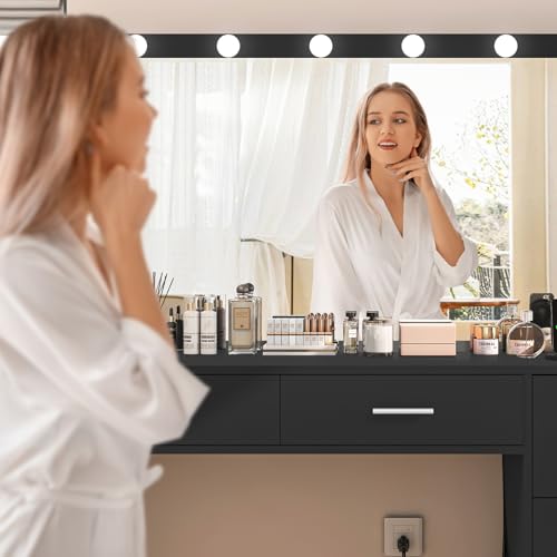 Makeup Vanity Desk with Mirror, 10 Lights, 5 Drawers, 3 Storage Shelves, 3 Color Modes & Adjustable Brightness Dressing Table, 35.4?? Desk, Black - Image 25