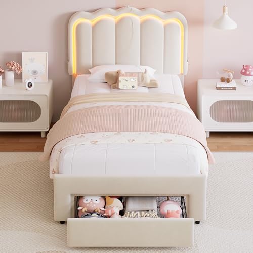 Twin Upholstered LED Bed Frame with Storage Drawer and Adjustable Chic Double Wavy Headboard, Velvet Princess Platform Bed for Kids/Girls, Solid Wood Slats Support, No Box Spring Needed, Beige - Image 71