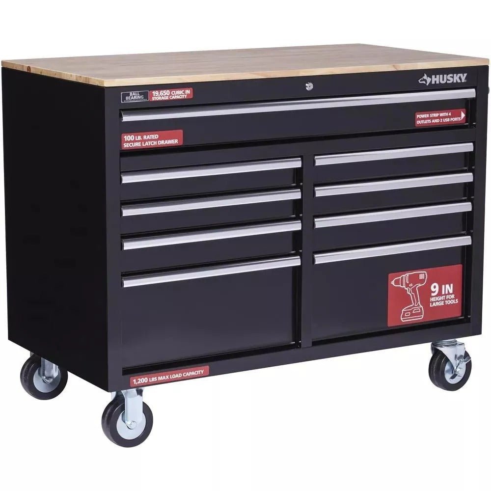 Husky 46 in. W x 24 in. D 9-Drawer Gloss Black Deep Tool Chest Mobile Workbench - Image 4