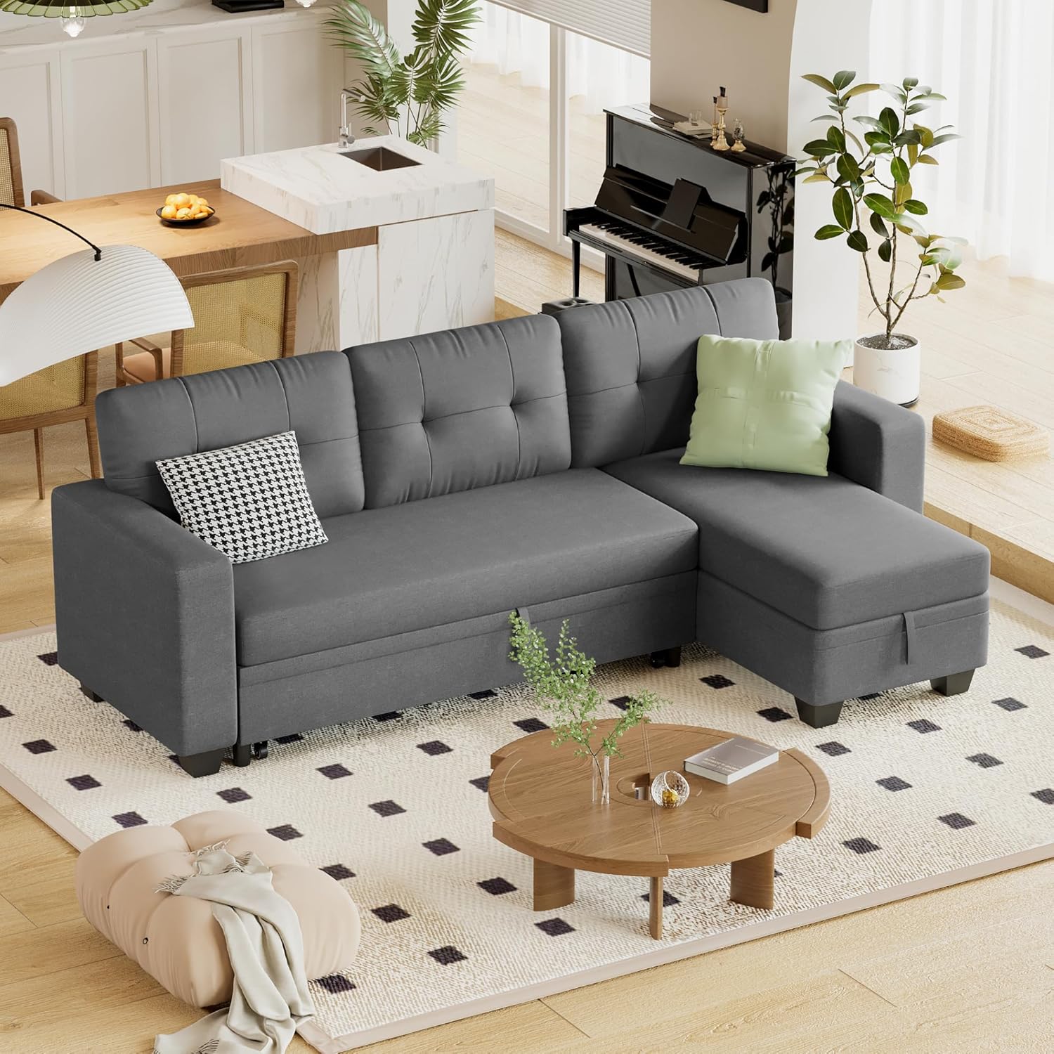 Sleeper Sofa Pull Out Couch with Storage Chaise Lounge Convertible Sectional Sofa L-Shape Modern Fabric Sofa Bed for Living Room, Apartment, Small Spaces, Dark Gray