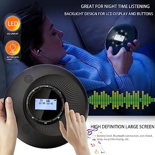 Portable CD Player with Bluetooth, CD Player Portable with Dual Speakers and Anti Shock Skip Protection Rechargeable CD Player Bluetooth for Car with LCD Display Headphone AUX Cable Walkman CD Player - Image 7