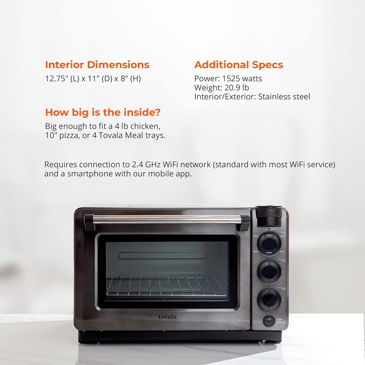 Tovala Gen 2 Smart Steam Large Countertop WiFi Oven | 5 Mode Programmable Oven and Smartphone Controlled | Toast, Steam, Bake, Broil and Reheat | Black & Stainless Steel Convection and Toaster Oven - Image 4
