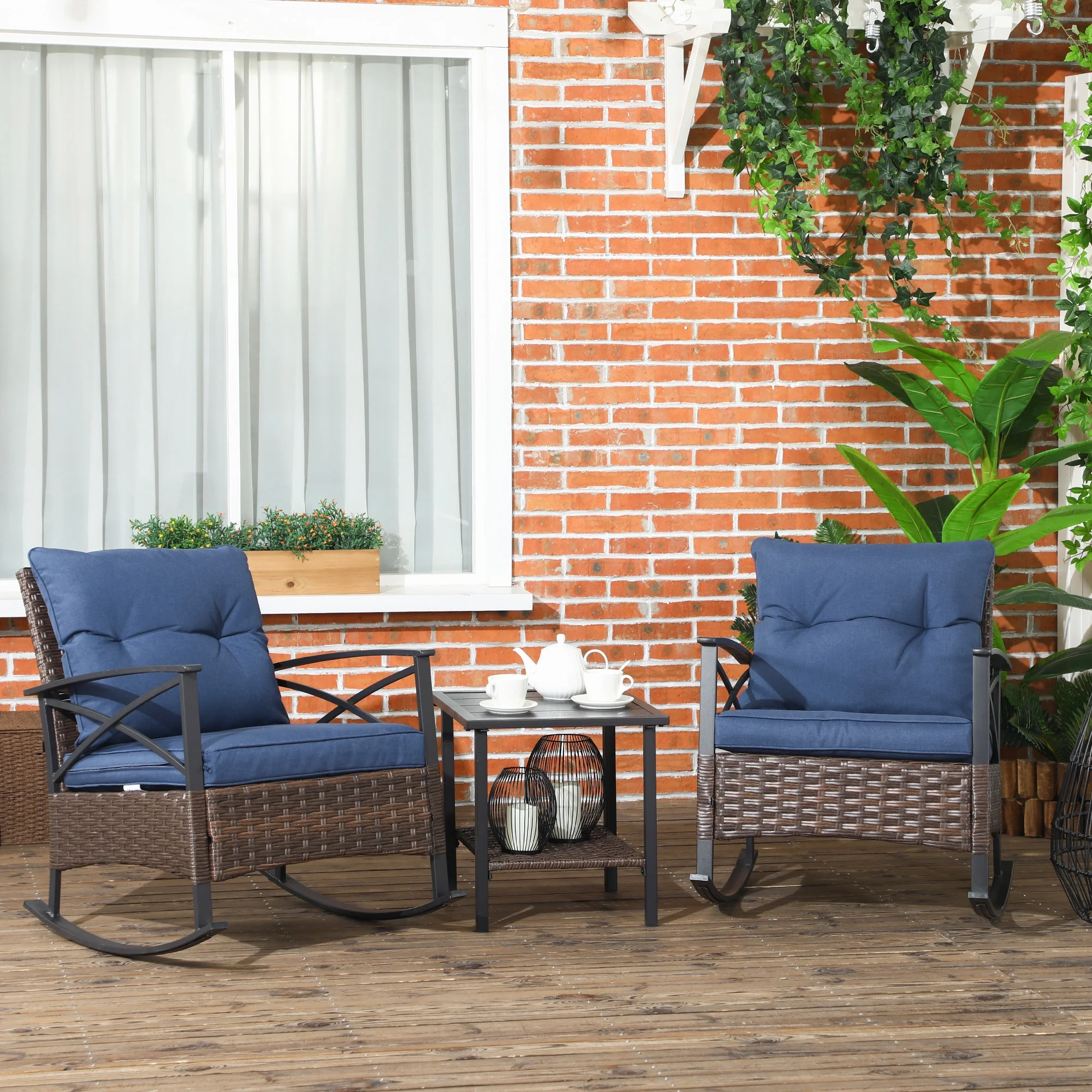 Outsunny 3pc Rocking Chair Set w/ Cushions, Wicker Bistro Set, Dark Blue - Image 2