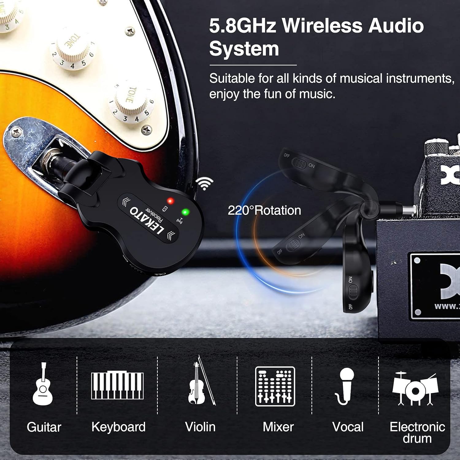 LEKATO 5.8Ghz Wireless Guitar System 4 Channels Audio Digital Guitar Transmitter Receiver 300 Feet Transmission Range - Image 3