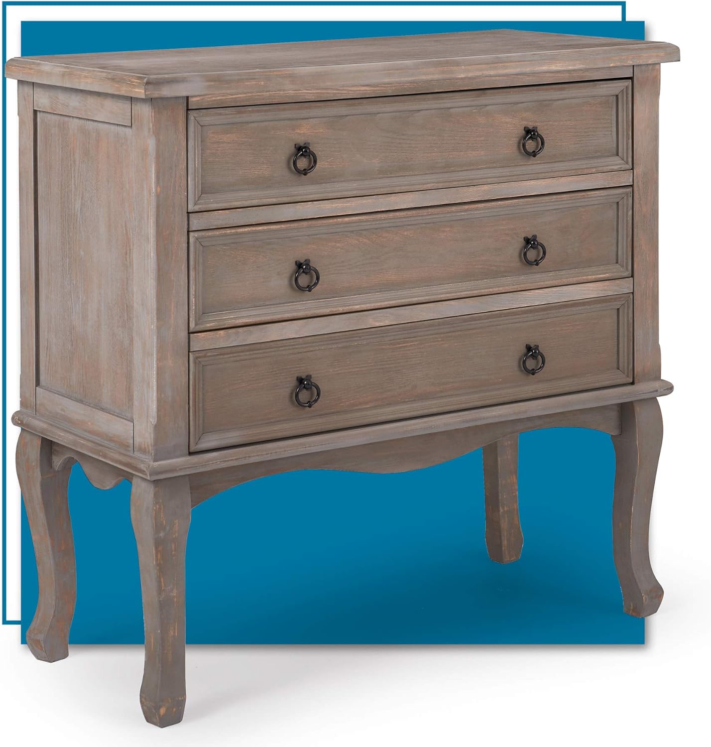ClickDecor Thomas Antique Country Style Dresser Chest with 3 Drawers, Weathered Wood Nightstand Living Room Accent Furniture, Black Ring Handle, Curved Legs, Gray
