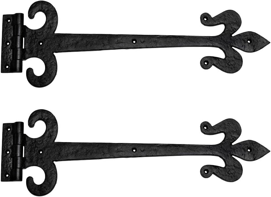Renovators Supply Manufacturing Black Wrought Iron Door Strap Hinge 18 Long Antique Fleur De Lis Style Rust Resistant Flush Mount Door Hinges for Cabinet Or Barn Doors with Hardware Pack of 2