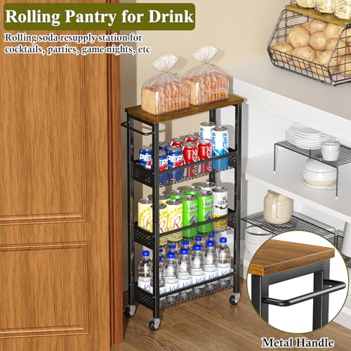 Utility Slim Storage Cart, 4 Tier Small Rolling Kitchen Laundry Room Cart with Wood Top, Metal Narrow Bathroom Storage Cabinet Mobile Shelf Unit Organizer Trolley with Handle for Narrow Space - Image 25