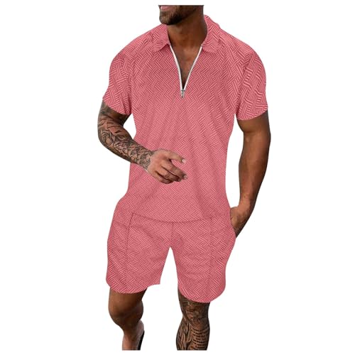 Male Casual Striped Print Two Piece Suit Zipper Short Sleeve Top Blouse Suit Drawstring Pocket Short Set Medium