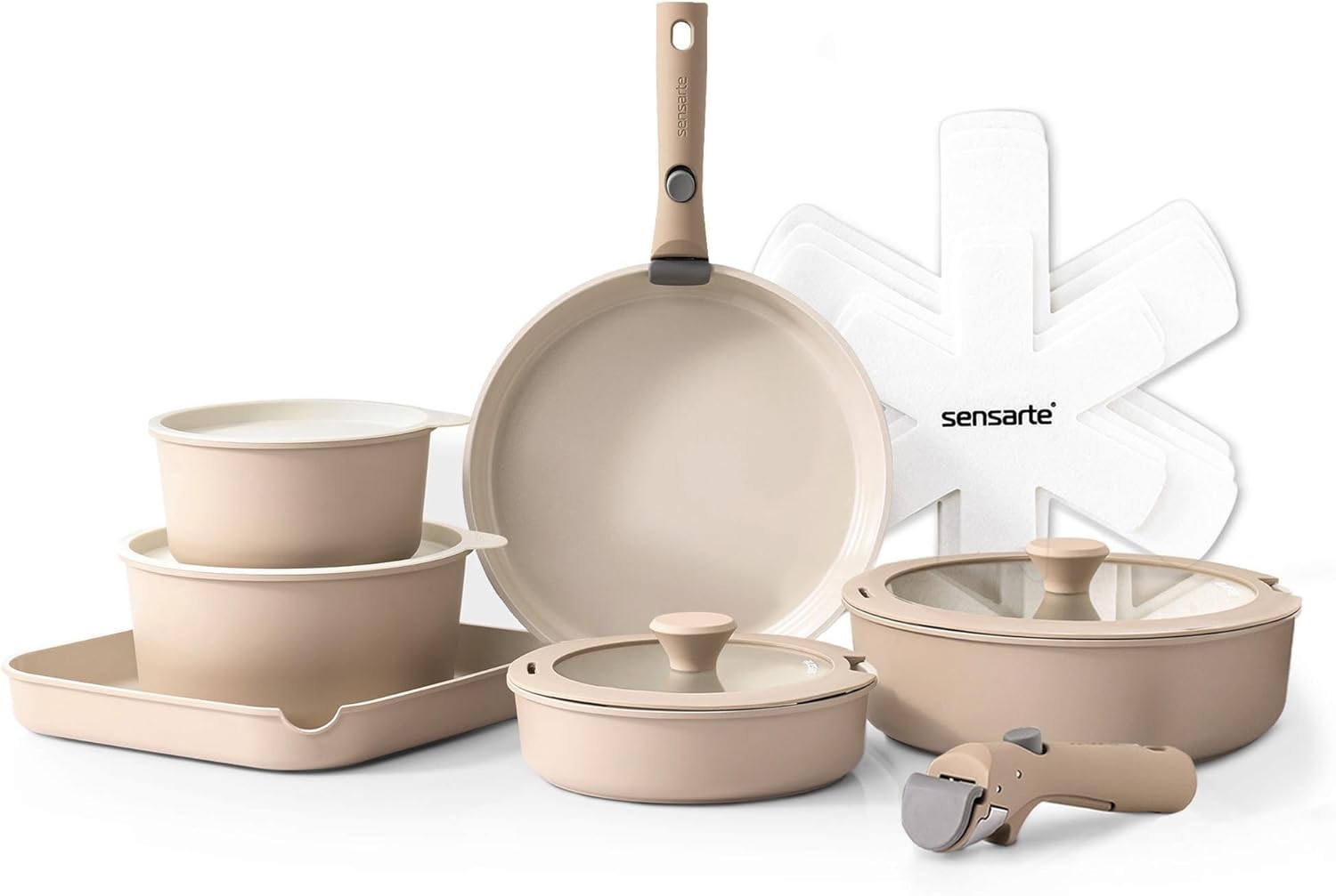 SENSARTE 17 Piece Ceramic Pots and Pans Set, Nonstick Detachable Handle Cookware, Induction Kitchen Cookware Set with Removable Handle, Dishwasher ?? Oven Safe (Gray) - Image 2